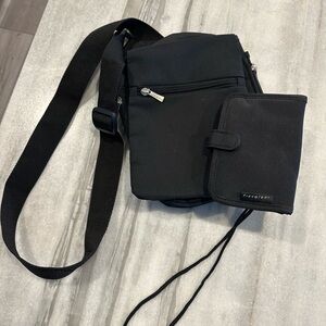 Travelon sling Crossbody purse in black with matching ID wallet
